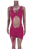Pink Sexy Cutout Velvet Bodysuit and Ruched Mini Skirt Set