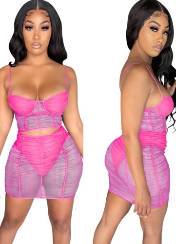 Hot Pink Transparent Mesh Splicing Ruched Cami Top and Mini Skirt Set