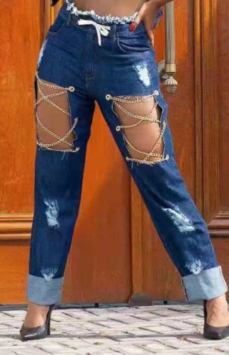 Cross Chains Damaged High Waist Straight Leg Blue Jeans