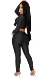 Sexy Black Long Sleeve Tie Crop Top and High Waist Stack Pants Set