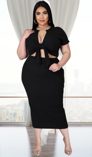 Plus Size Sexy Black Tie Front Crop Top and Midi Skirt Set