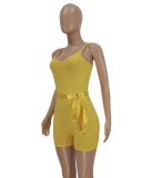 Sexy Yellow Ribbed Cami Belted Rompers