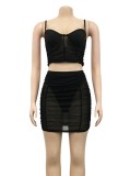 Black Transparent Mesh Splicing Ruched Cami Top and Mini Skirt Set