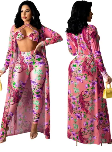 Print Sexy Bra and Pants with Long Cardigan 3pcs Set