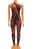 Print Sexy One Shoulder Cut Out Bodycon Jumpsuit