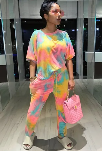 Tie Dye Sexy Short Sleeve Top and Pants Casual Two Pieces