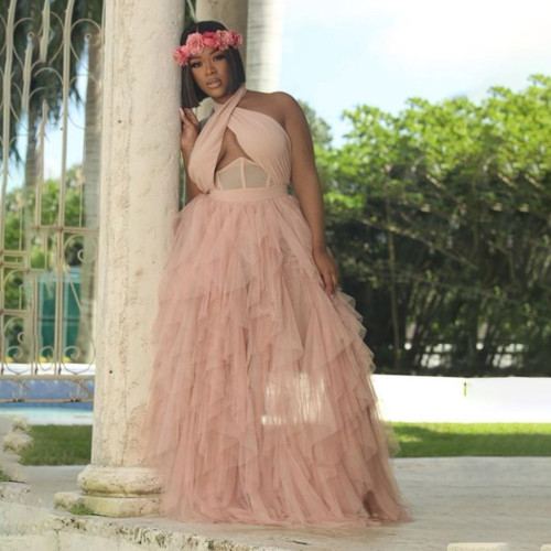 Pink Wrap Halter Neck Hollow-Out Ruffles Romantic Maxi Dress