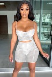 White Transparent Mesh Splicing Ruched Cami Top and Mini Skirt Set
