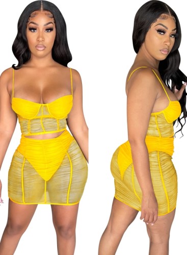 Yellow Transparent Mesh Splicing Ruched Cami Top and Mini Skirt Set