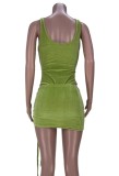 Green Sexy Cutout Velvet Bodysuit and Ruched Mini Skirt Set