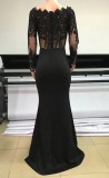 Black Lace Bodice Long Sleeve Sexy Slit Evening Dress
