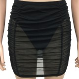Black Transparent Mesh Splicing Ruched Cami Top and Mini Skirt Set