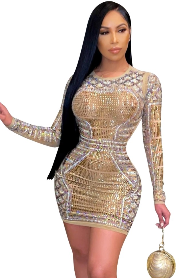 Beige Rhinestone Long Sleeve Mini Bodycon Dress