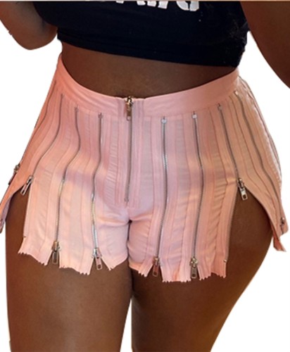 Pink High Waisted Sexy Zipperd Slit Shorts