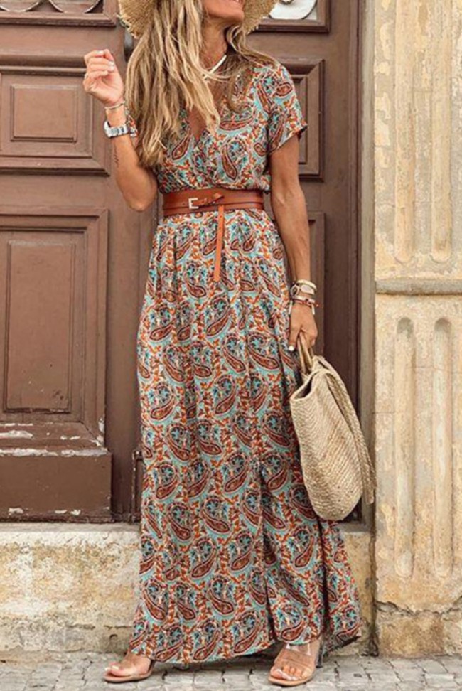 Boho Print Short Sleeve V Neck Wrap Maxi Dress