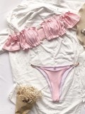 Pink Off Shoulder Chains Two Piece Swimwear