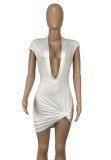 White Plunge Sexy Short Sleeves Knot Mini Dress