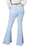 Blue Hollow Out High Waist Flare Jeans