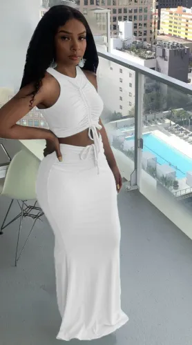 White Ruched Strings Crop Tank and Maxi Skirt 2pcs Set