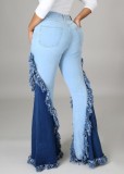 Blue Contrast High Waist Fringed Bell Bottom Jeans