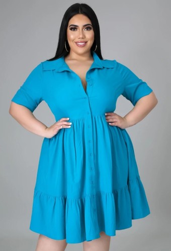 Plus Size Half Sleeve Blue Skater Shirt Dress