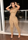 Sexy Khaki Short Sleeve Blouse and Pants Two Pieces