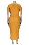 Plus Size Sexy Yellow Tie Front Crop Top and Midi Skirt Set