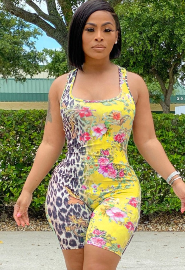Sexy Floral Leopard Bodycon Tank Rompers
