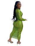 Shiny Green Hollow Out Bodycon Midi Dress