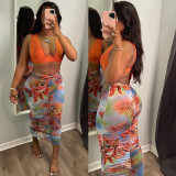 Sexy Orange V-Bar Bra Top and Print Ruched Skirt Set