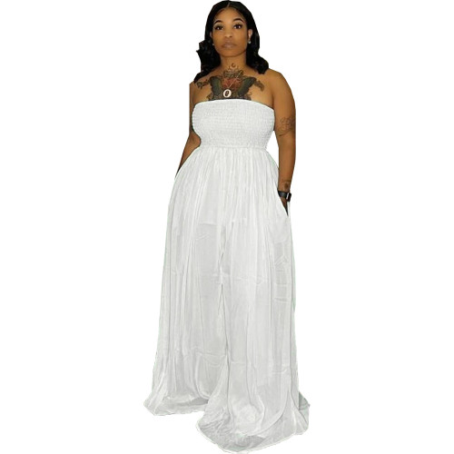 Solid White Shirred Strapless Wide Leg Jumpsuit