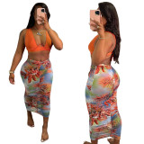 Sexy Orange V-Bar Bra Top and Print Ruched Skirt Set