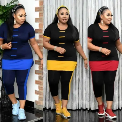 Plus Size Casual Contrast Top and Pants Two Piece Set