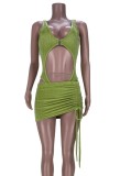 Green Sexy Cutout Velvet Bodysuit and Ruched Mini Skirt Set