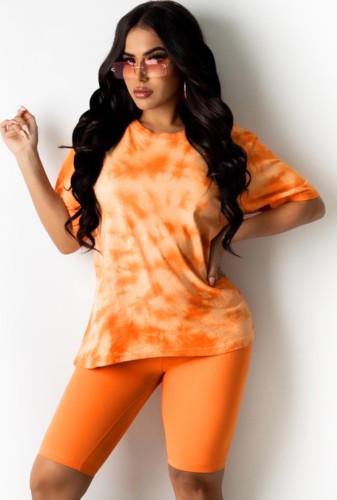 Sexy Orange Tie Dye Top and Solid Biker Shorts Two Pieces