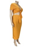 Plus Size Sexy Yellow Tie Front Crop Top and Midi Skirt Set