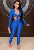 Sexy Blue Long Sleeve Tie Crop Top and High Waist Stack Pants Set