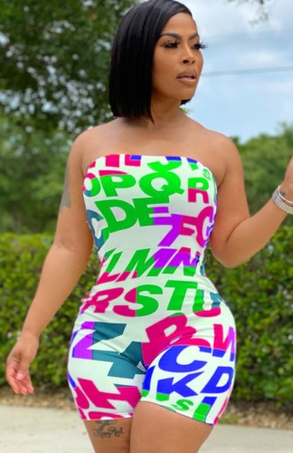 Sexy Print Letter Strapless Bodycon Rompers