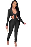 Sexy Black Long Sleeve Tie Crop Top and High Waist Stack Pants Set