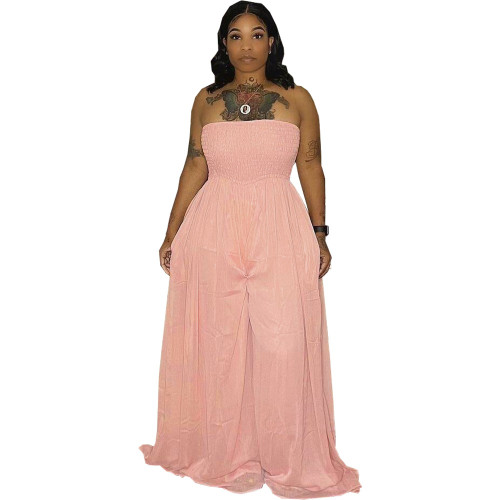 Coral Shirred Strapless Wide Leg Jumpsuit