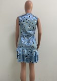 Print Blue Sleeveless Elegant Short Dress
