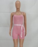 Sexy Pink Ribbed Cami Belted Rompers