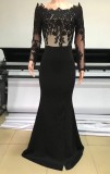 Black Lace Bodice Long Sleeve Sexy Slit Evening Dress