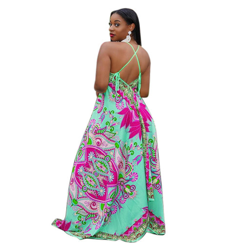Light Green Sexy Print Cross Back Strap Plus Size Wide Jumpsuits