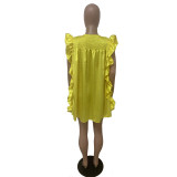 Solid Yellow Ruffles Casual Tops Mini Dress
