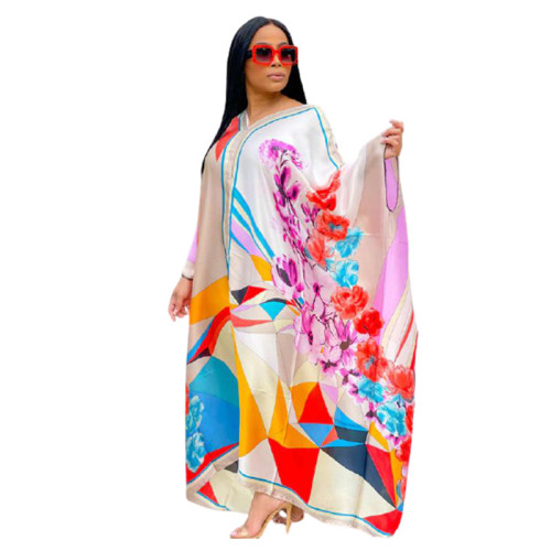 Print White V-Neck Loose Casual Maxi Dress