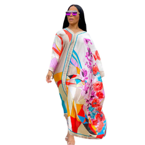 Print Blue V-Neck Loose Casual Maxi Dress
