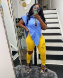 Yellow Button Up Slit Sexy Irregular Top