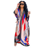 Print Blue V-Neck Loose Casual Maxi Dress