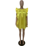 Solid Yellow Ruffles Casual Tops Mini Dress